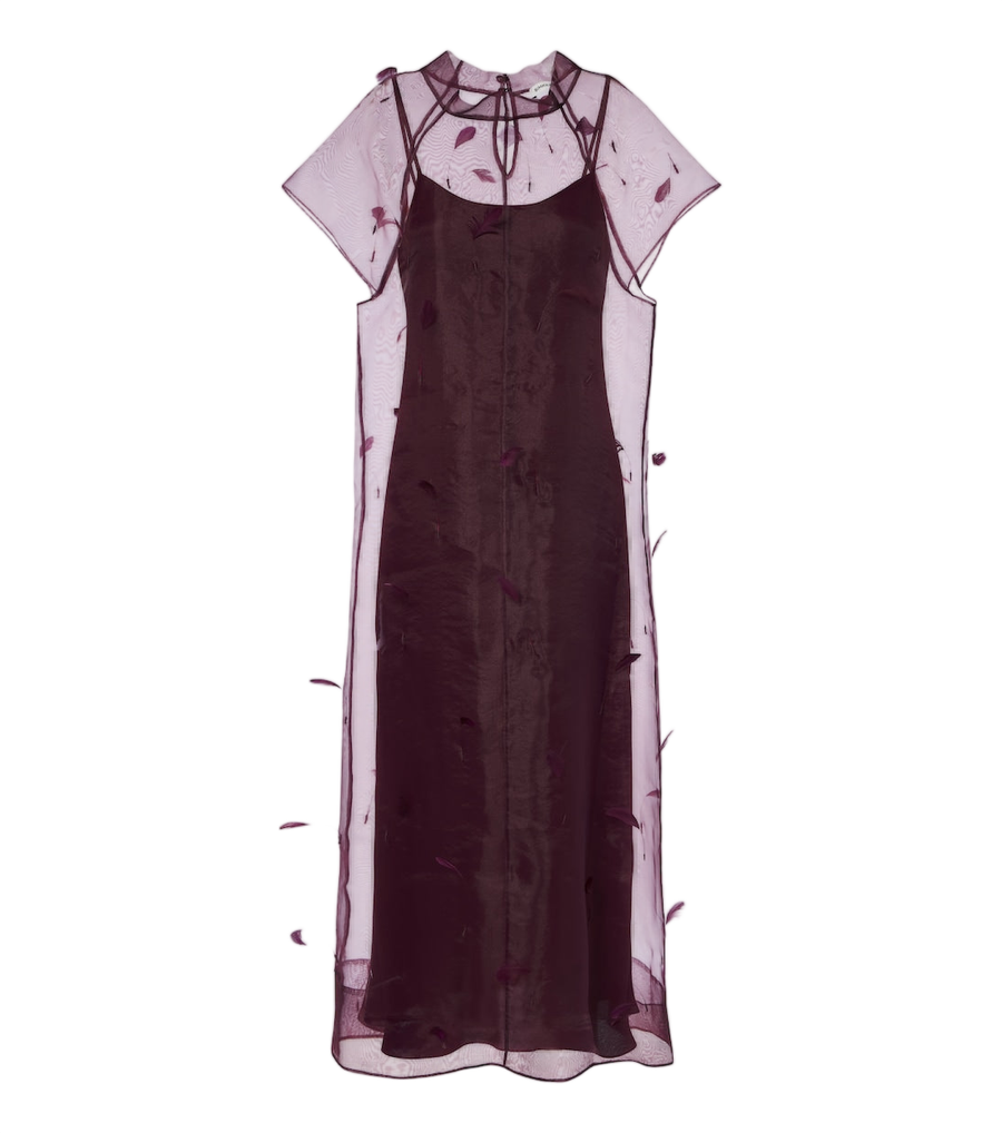 Vestido midi de organza con detalle de plumas de Simkhai Pauline