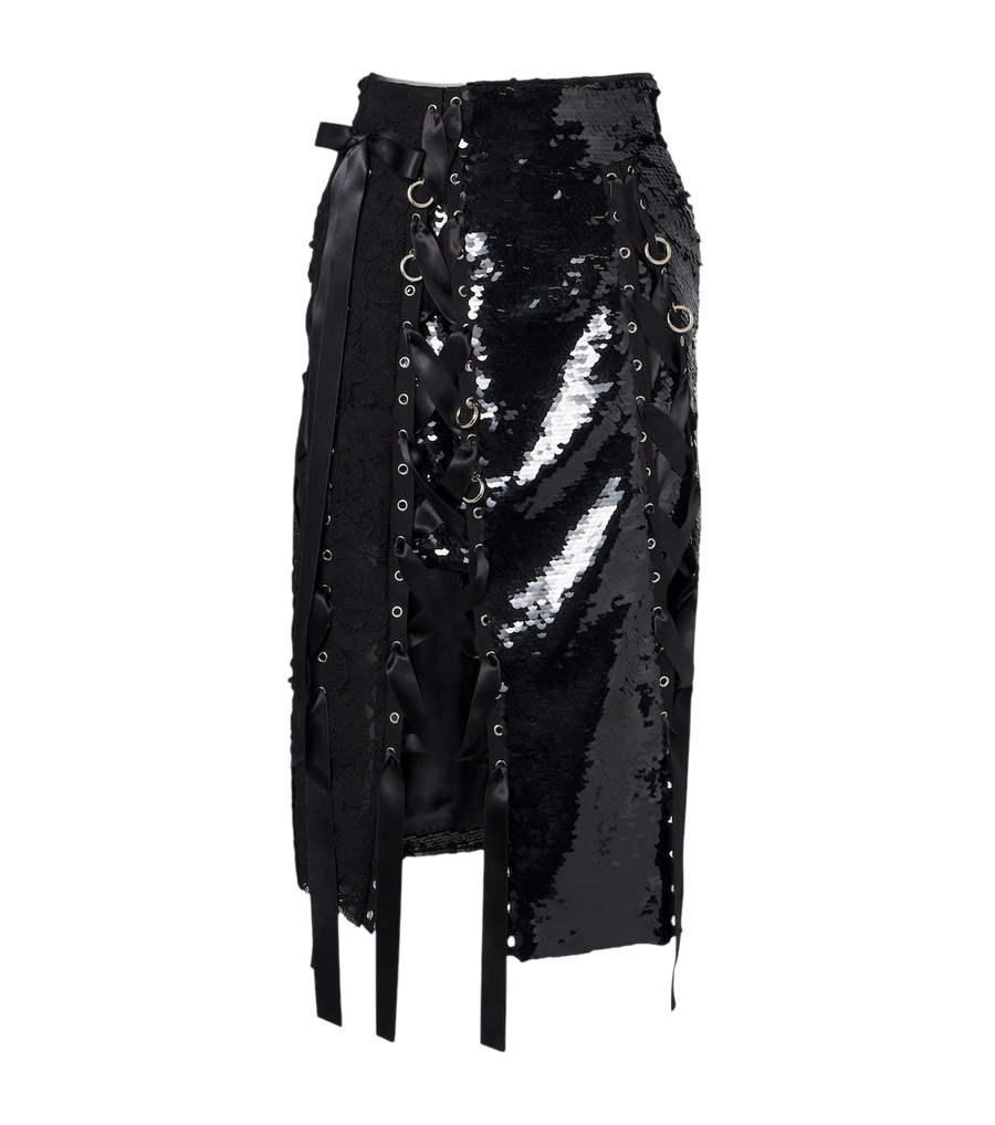 Falda midi de encaje con lentejuelas y diseño de patchwork de Simone Rocha