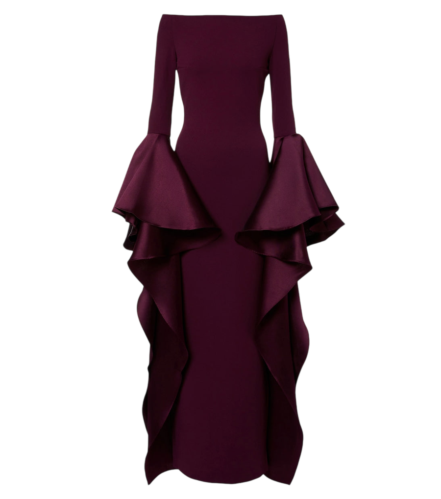 Vestido largo de Solace London modelo Astria con hombros descubiertos y ribetes de satén