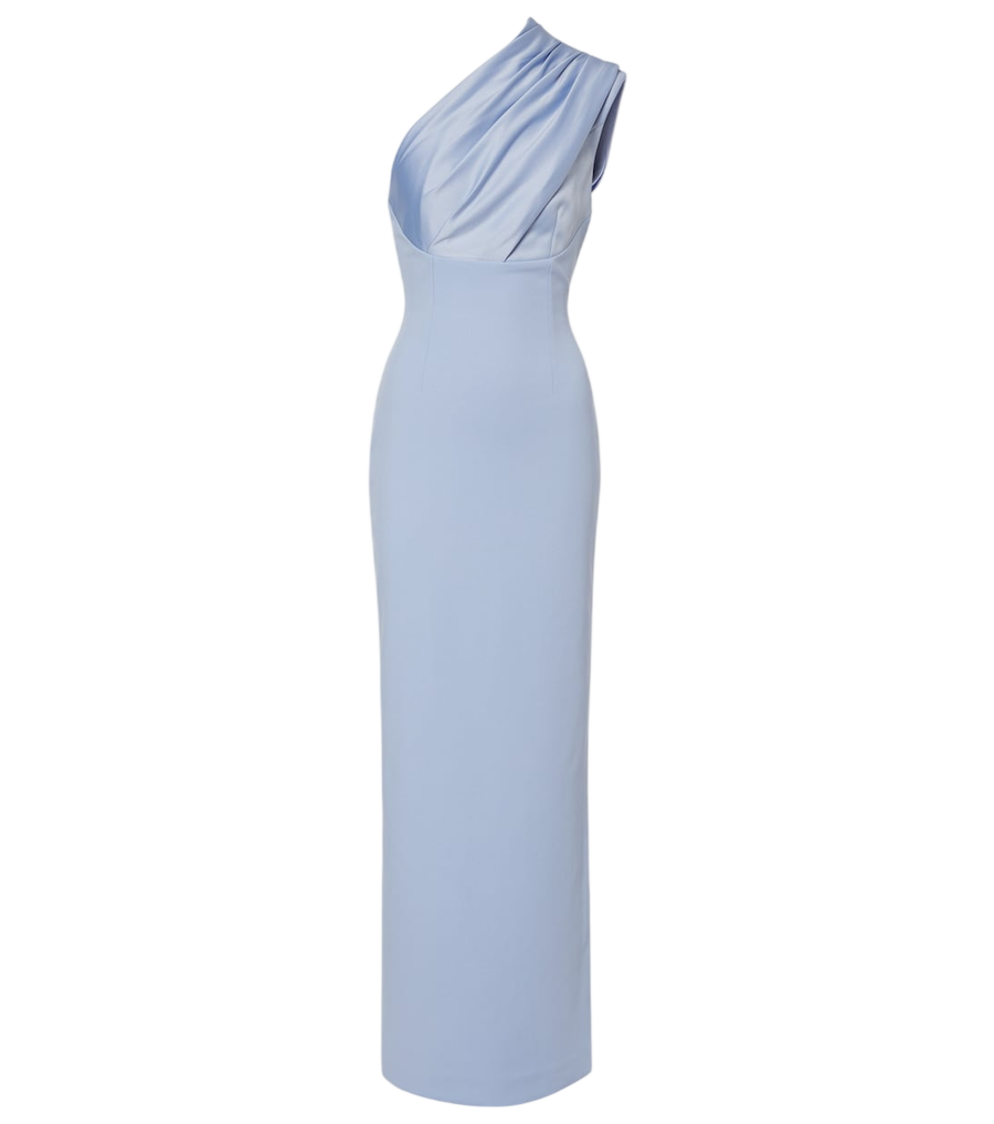 Vestido largo de un hombro con ribete de satén Gracie de Solace London