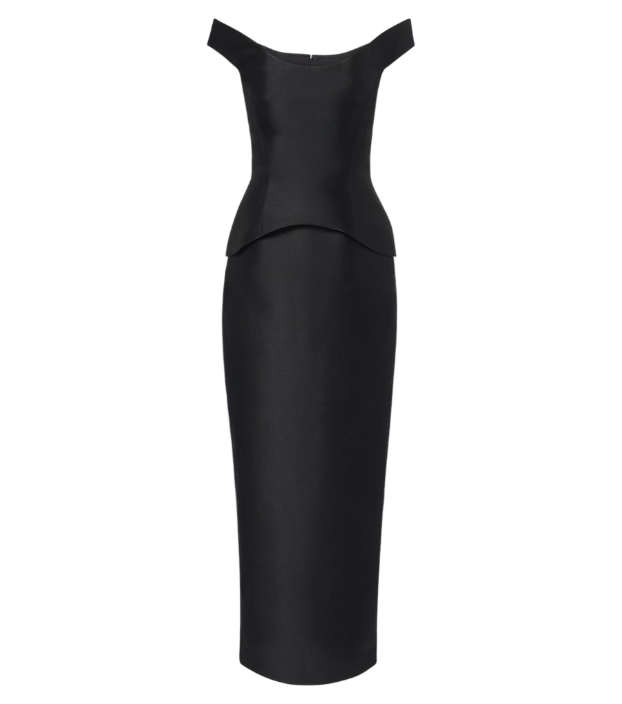 Robe longue à basque et épaules dénudées en satin Pieta de Solace London