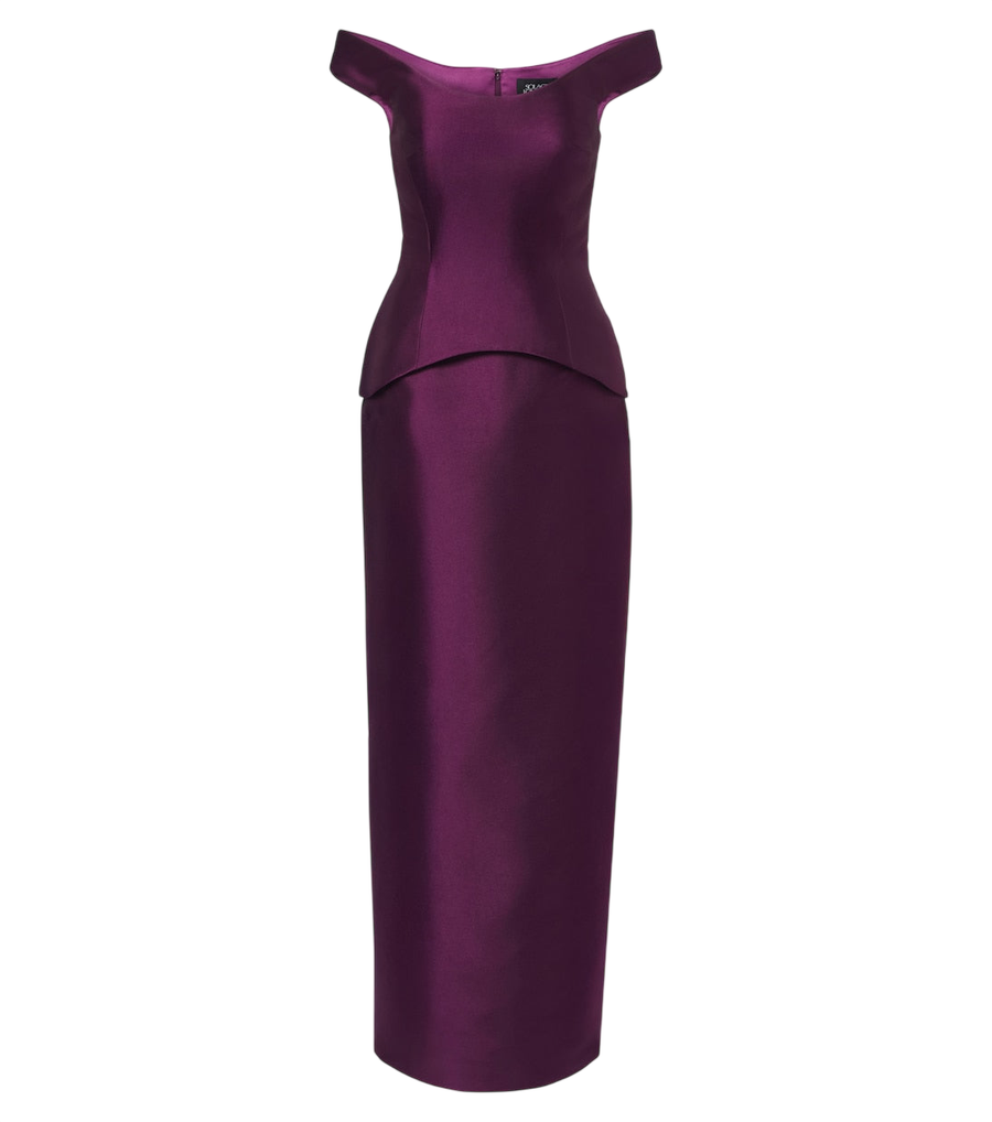 Solace London Pieta off-shoulder peplum satin gown