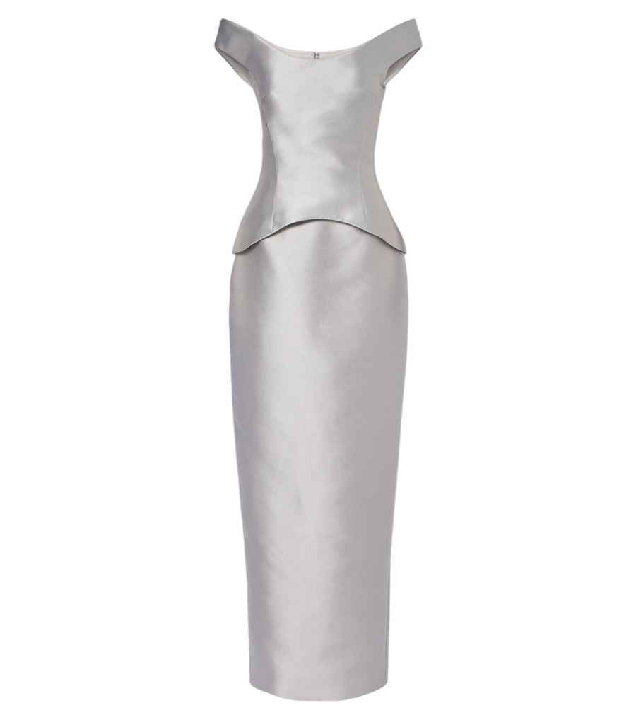Vestido largo de satén con volantes y hombros descubiertos Pieta de Solace London