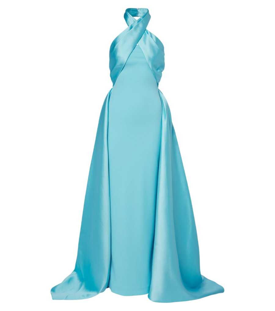 Robe longue en crêpe à dos nu et garnitures en satin Rumi de Solace London