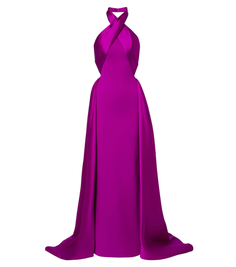 Robe longue en crêpe à dos nu et garnitures en satin Rumi de Solace London