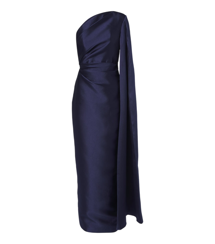 Robe longue asymétrique plissée en satin Veya de Solace London