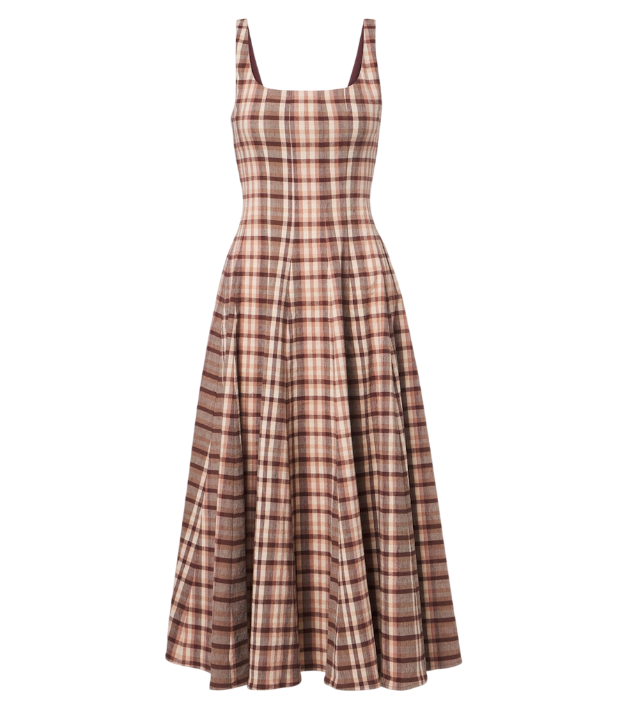 Staud Wells checked linen-blend midi dress