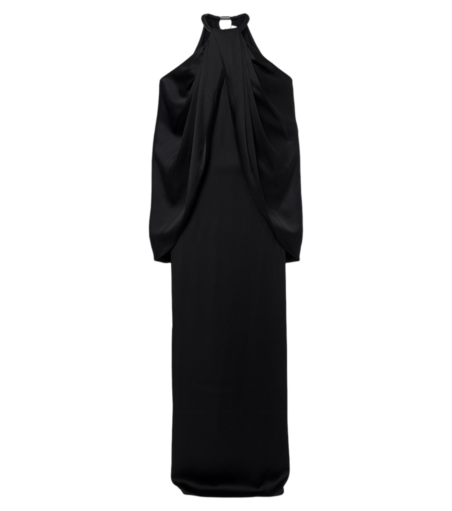 Stella McCartney Vestido comprido em cetim com capa e decote halter