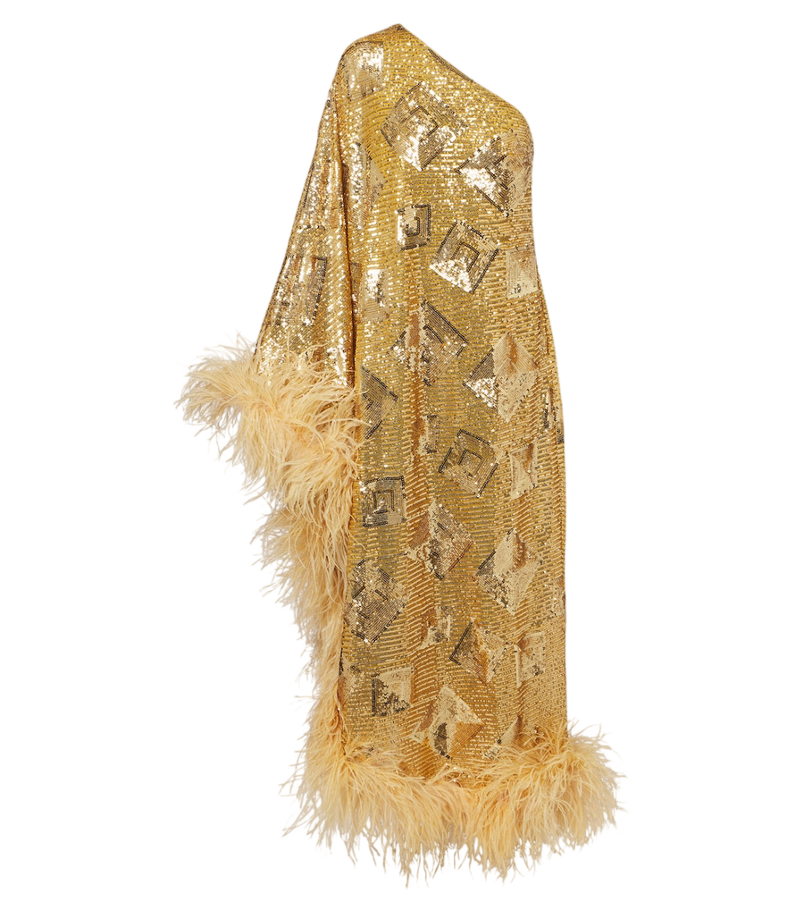 Vestido largo de lentejuelas con ribete de plumas de Taller Marmo