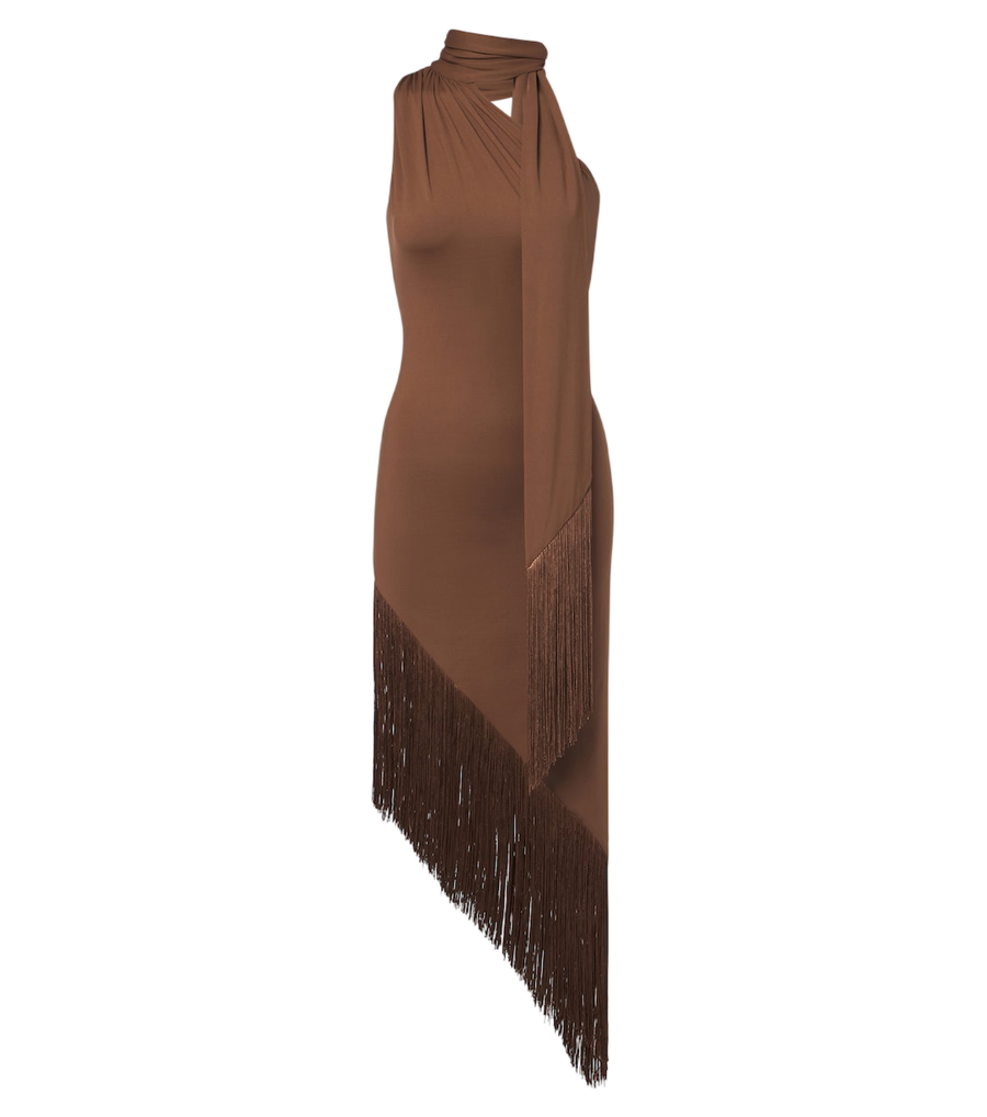 Vestido midi Taller Marmo Siwa con detalle de pañuelo y flecos