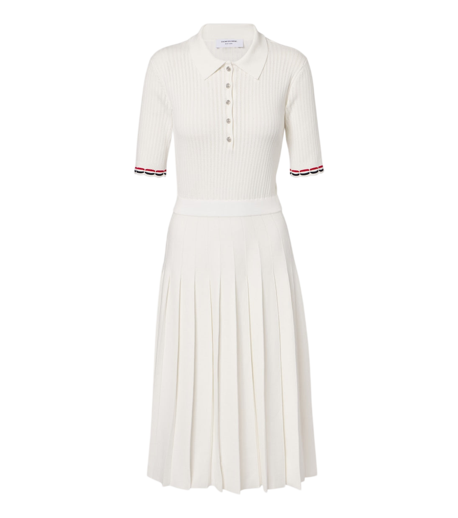 Thom Browne Ribbed-knit pointelle cotton polo dress