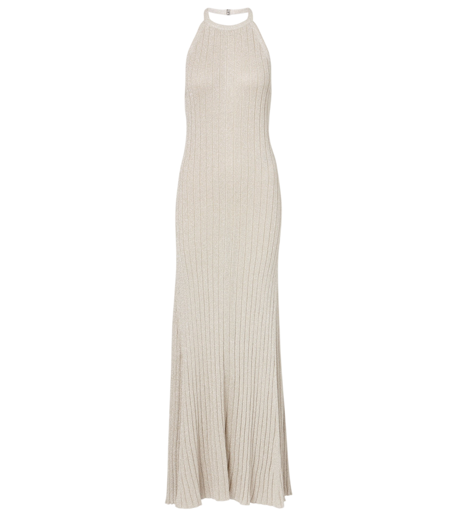 Tom Ford Ribbed-knit halterneck lamé maxi dress