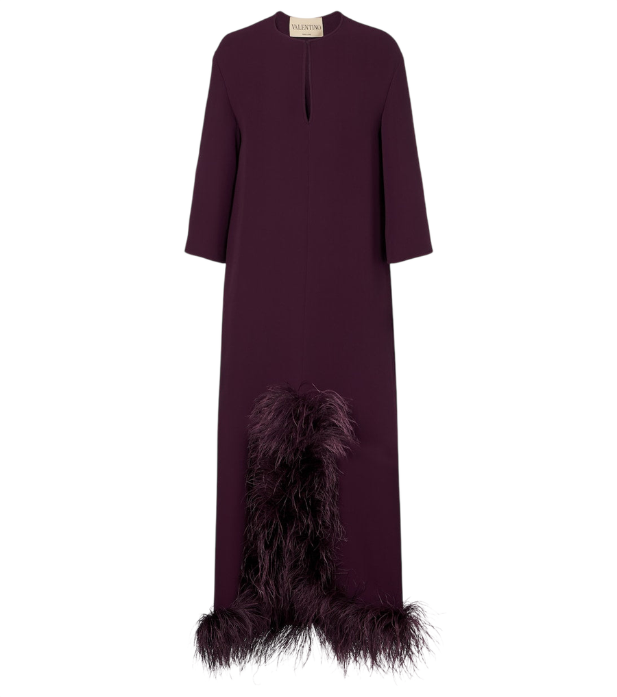 Abito lungo Valentino Garavani Cady Couture con bordi in piume
