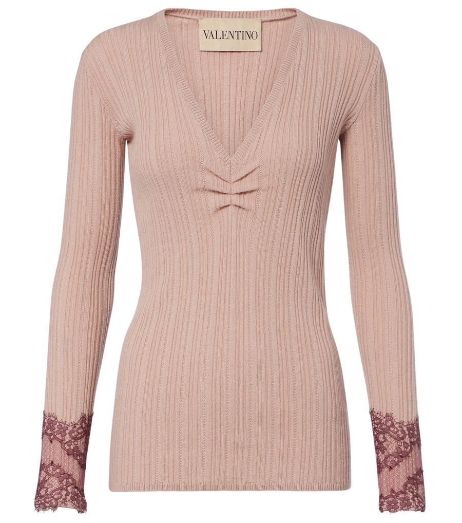 Valentino Garavani Gathered lace-trimmed cashmere sweater