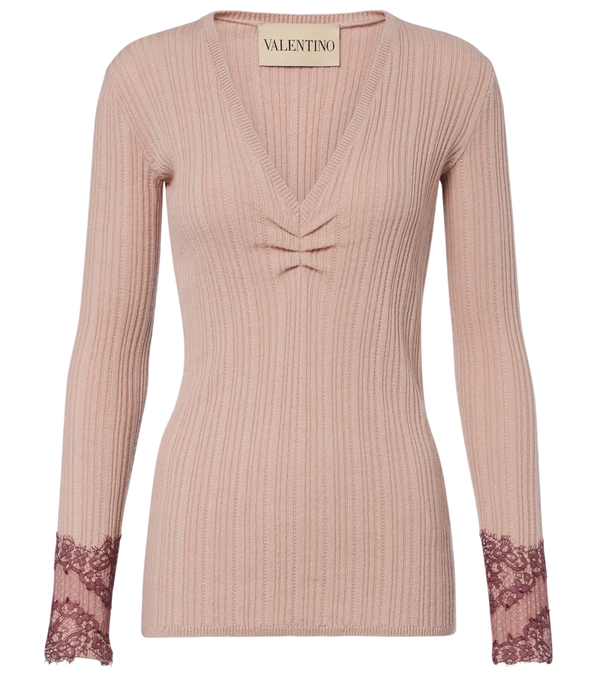Valentino Garavani Gathered lace-trimmed cashmere sweater