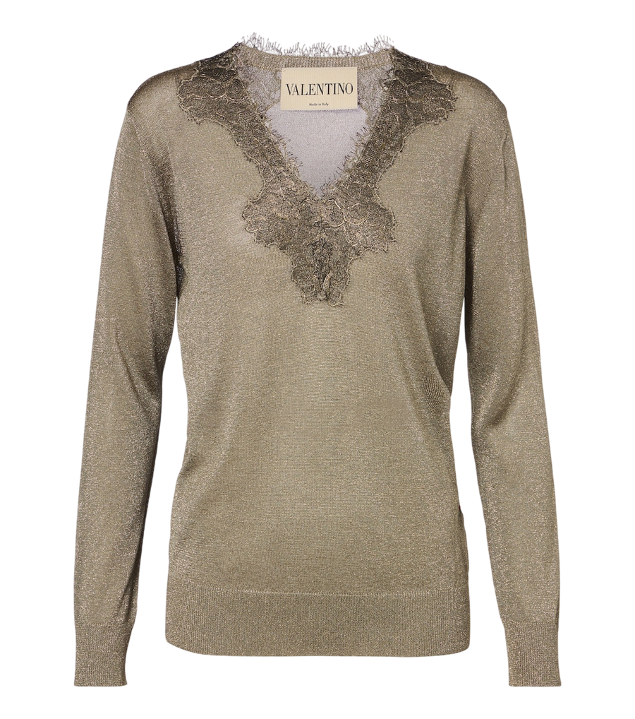 Valentino Garavani Lace-trimmed lamé sweater