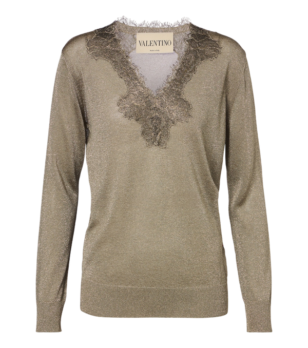 Valentino Garavani Lace-trimmed lamé sweater