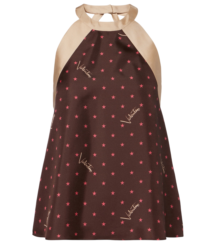 Top de sarga de seda con cuello halter y estampado de Valentino Garavani