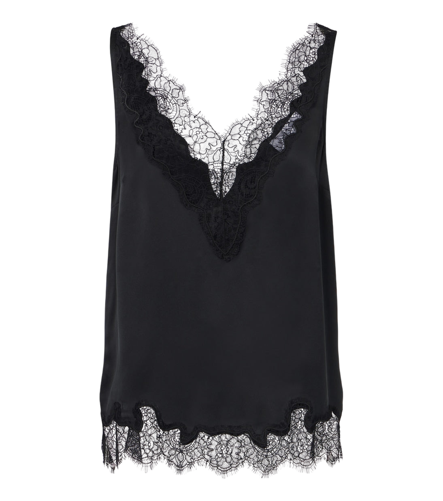 Velvet Lace-trimmed silk satin top