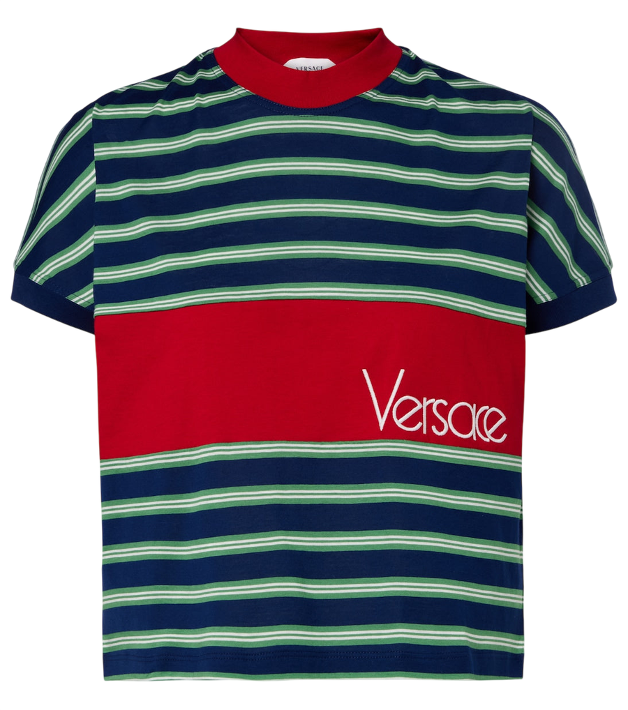 Versace T-shirt listrada de algodão com logótipo bordado