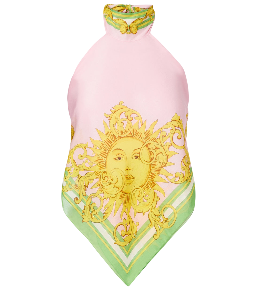 Top de gasa de algodón y seda con estampado de Versace