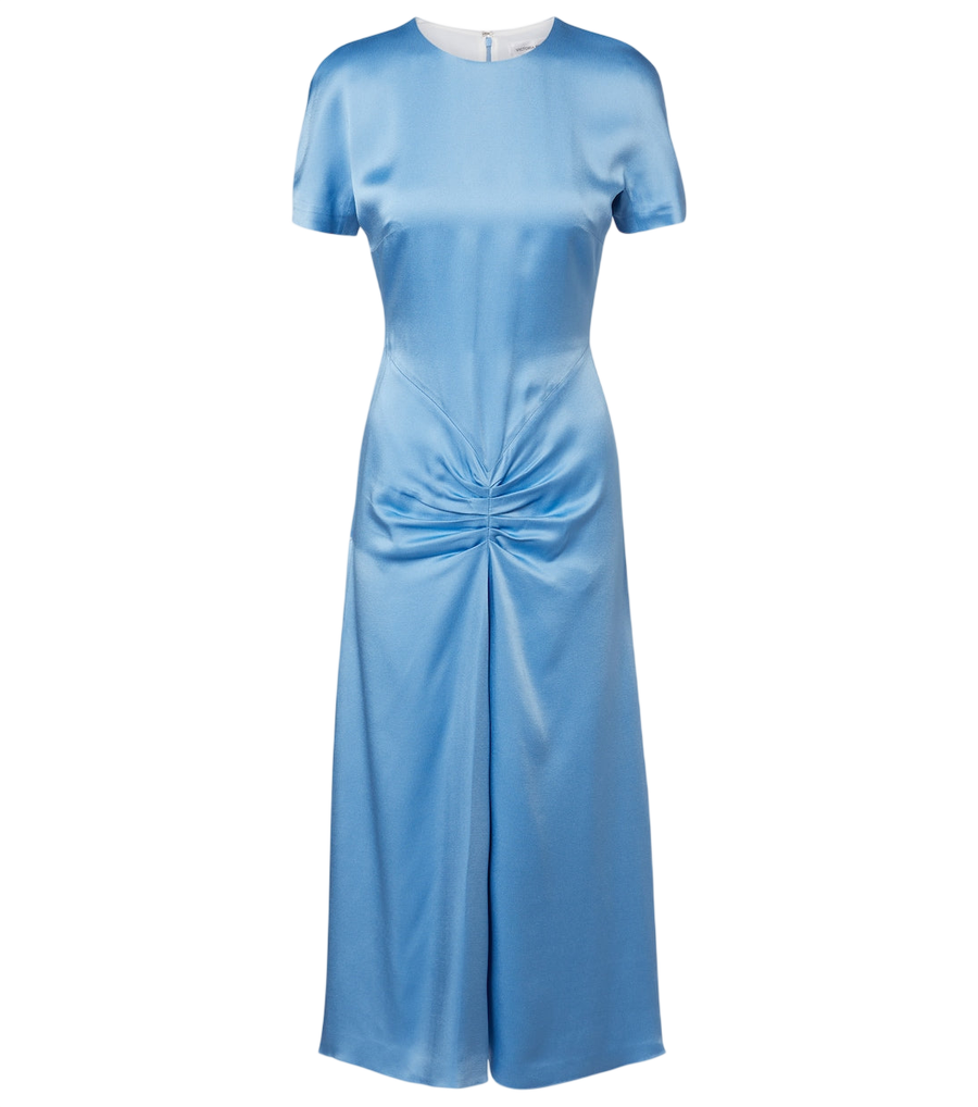 Vestido midi fruncido de satén de Victoria Beckham