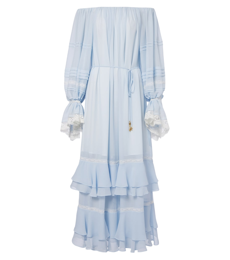 Robe longue à épaules dénudées Xu Zhi, ornée de dentelle et à l’effet froissé