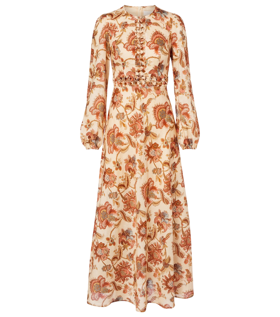 Vestido comprido Zimmermann Aster em linho floral com contas