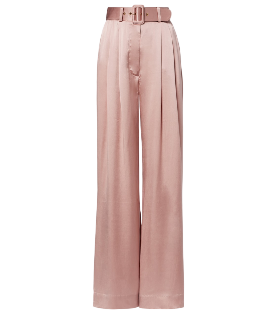 Zimmermann Belted pleated silk satin wide-leg pants