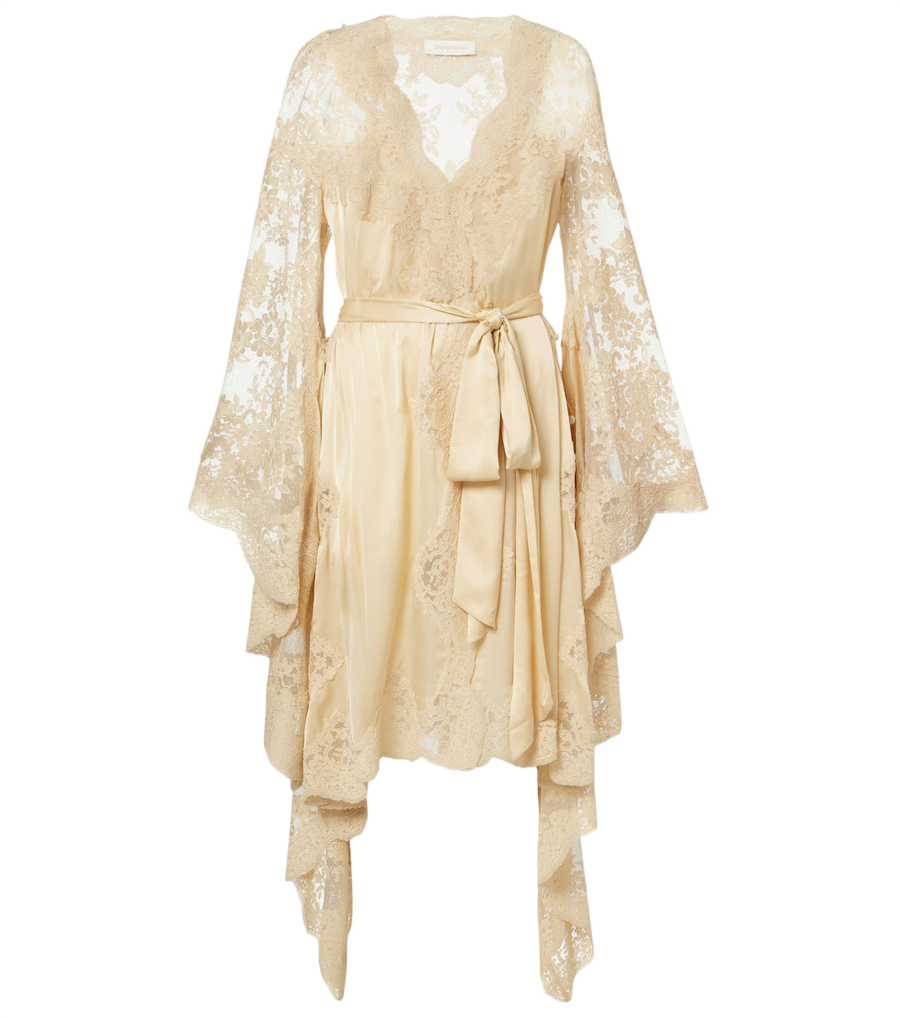 Vestido midi de seda drapeado con ribete de encaje de Zimmermann