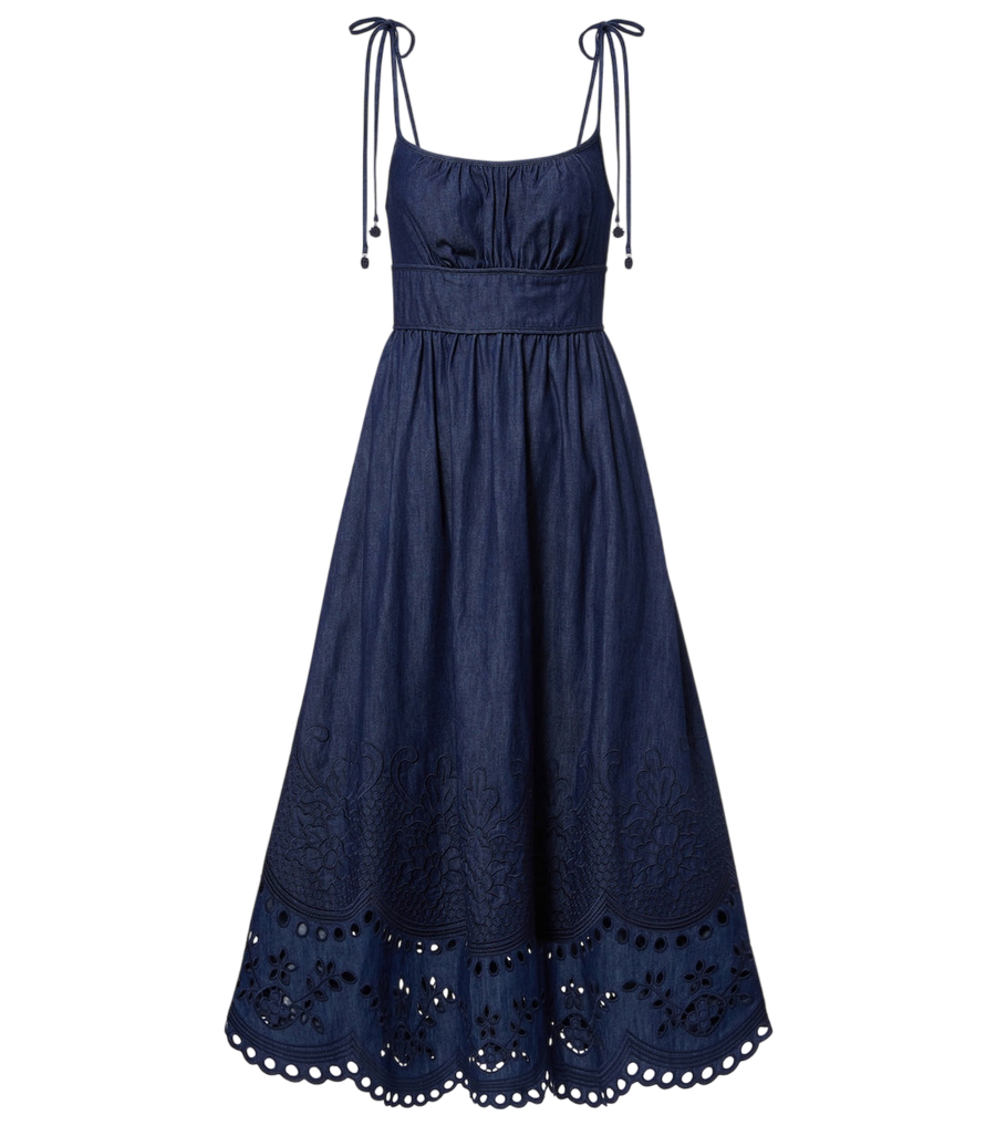 Vestido midi de mezclilla con broderie anglaise Mahon de Zimmermann