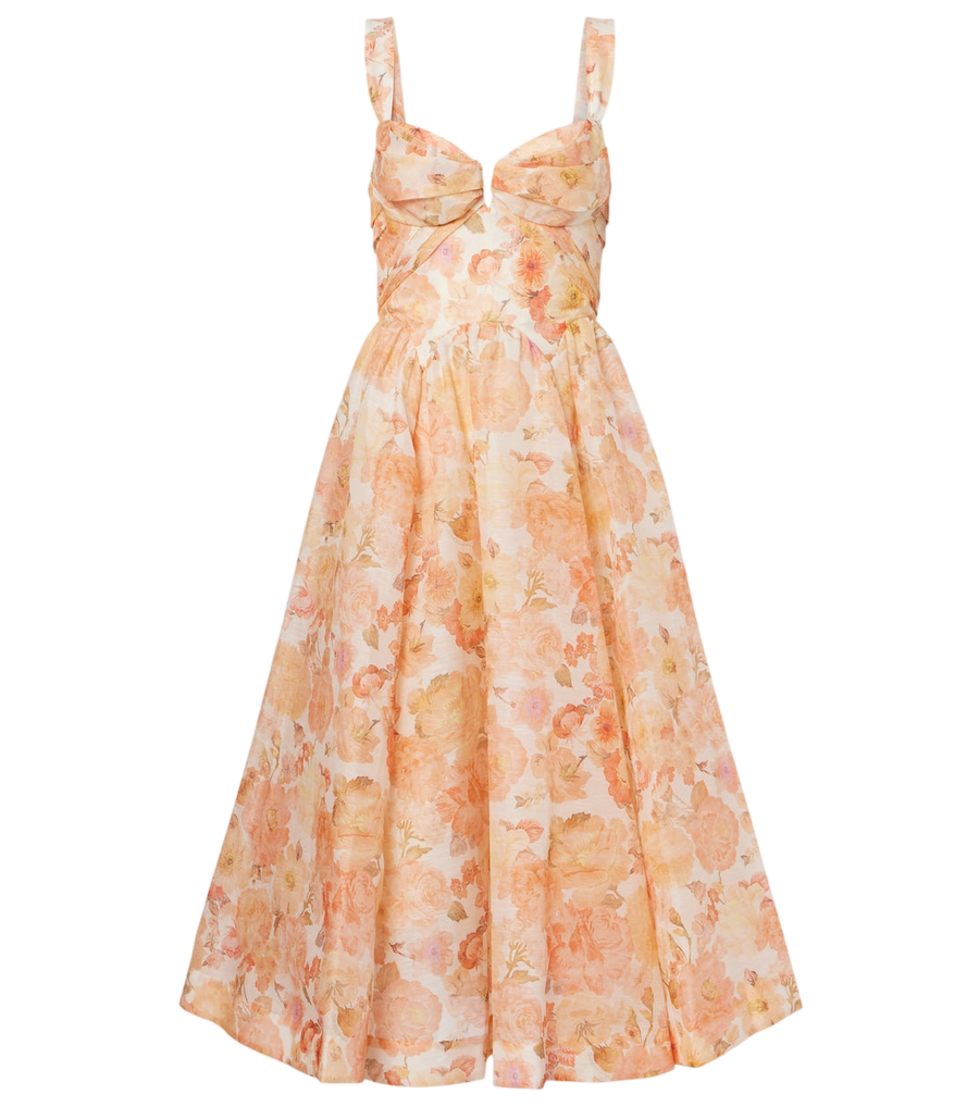 Vestido midi Zimmermann Rebellion de lino y seda con estampado floral