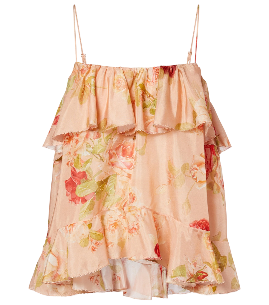 Camisola de seda con volantes y estampado floral Roselight de Zimmermann