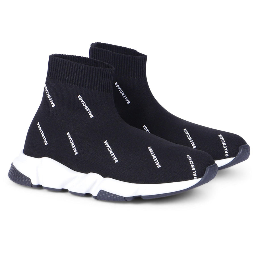 Boy & Girl BALENCIAGA All Over Logo Sock Sneaker in Black