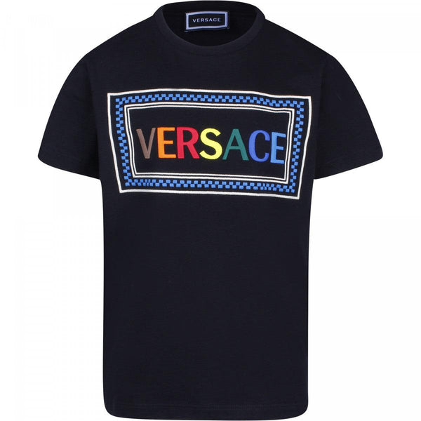 Camiseta con logo colorido YOUNG VERSACE para niño y niña en negro