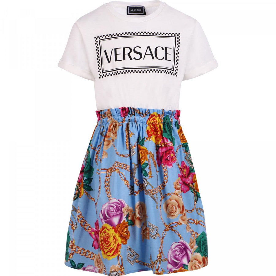 Girl YOUNG VERSACE Monogram Print Dress in Blue