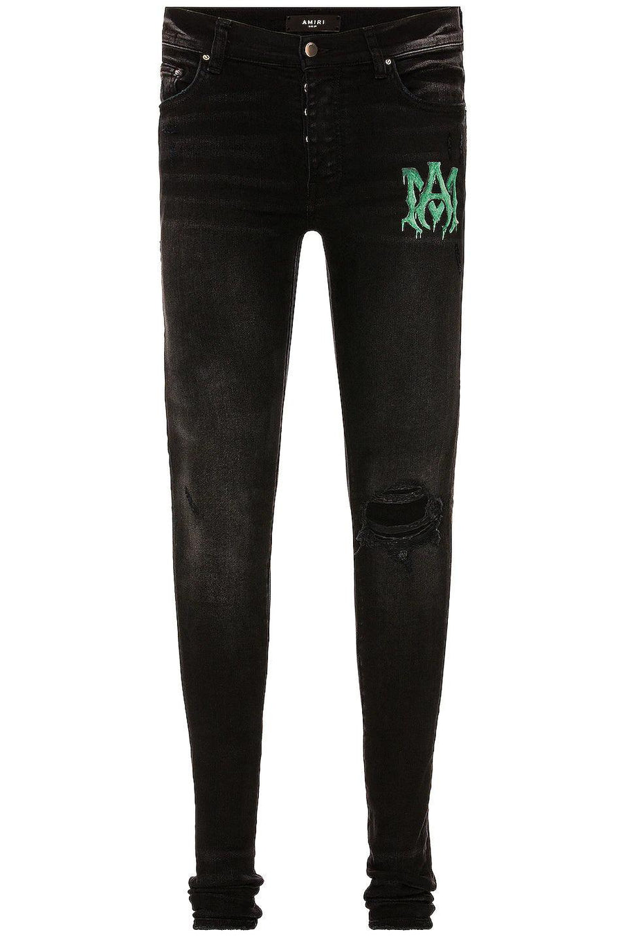 Vaqueros negros envejecidos con logo de acuarela de AMIRI