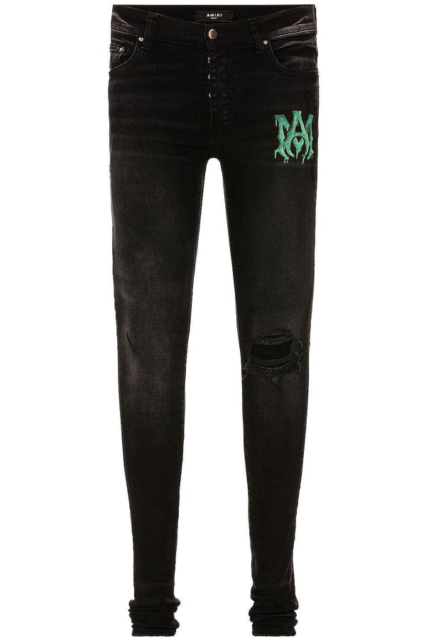 Vaqueros negros envejecidos con logo de acuarela de AMIRI
