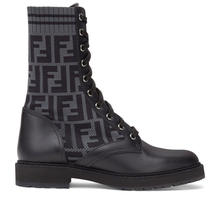 FENDI Botas biker de piel negra con tejido elástico