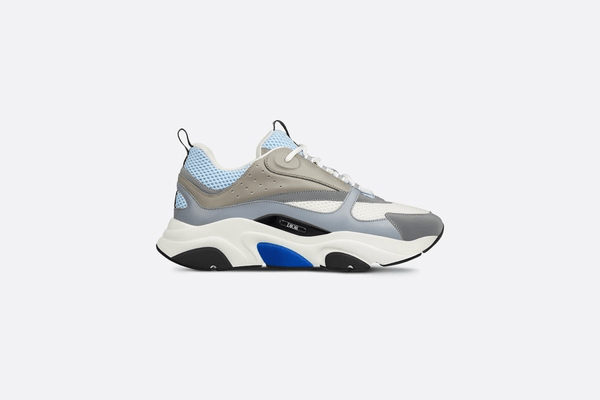MEN DIOR B22 SNEAKER IN WHITE AND BLUE TECHNICAL MESH AND GRAY CALFSKIN