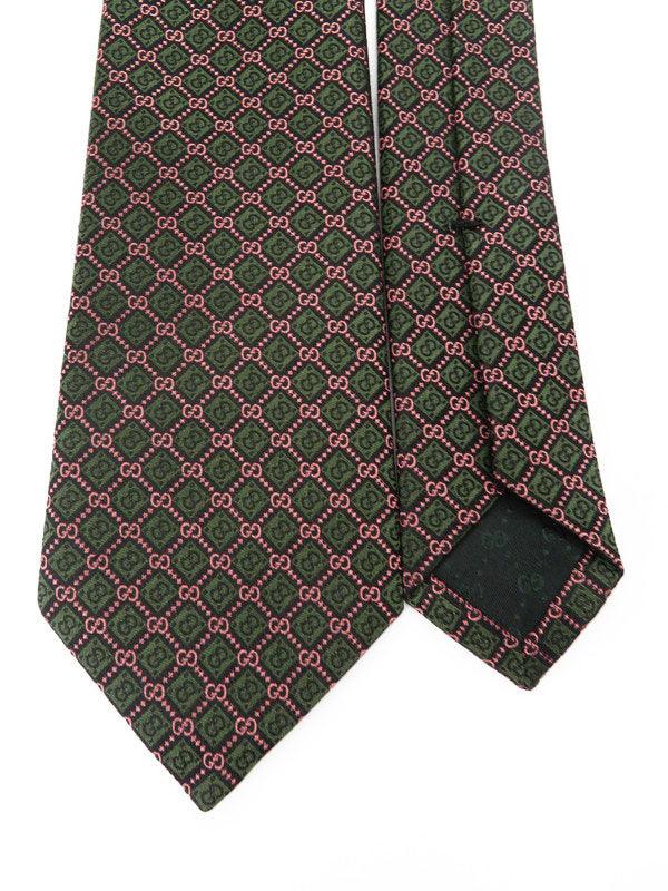 Gucci GG and Rhombus Motif Silk Tie in Pink and Green