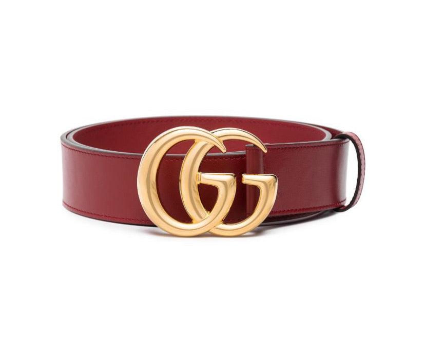 Gucci Red Leather Belt With Gold Tone Gg Buckle