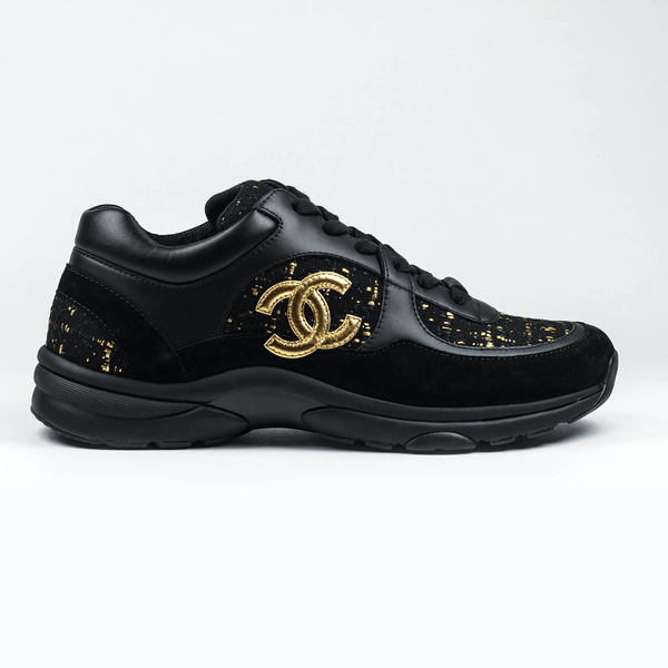 WOMEN CHANEL CC LOGO SUEDE TWEED BLACK GOLD SNEAKER