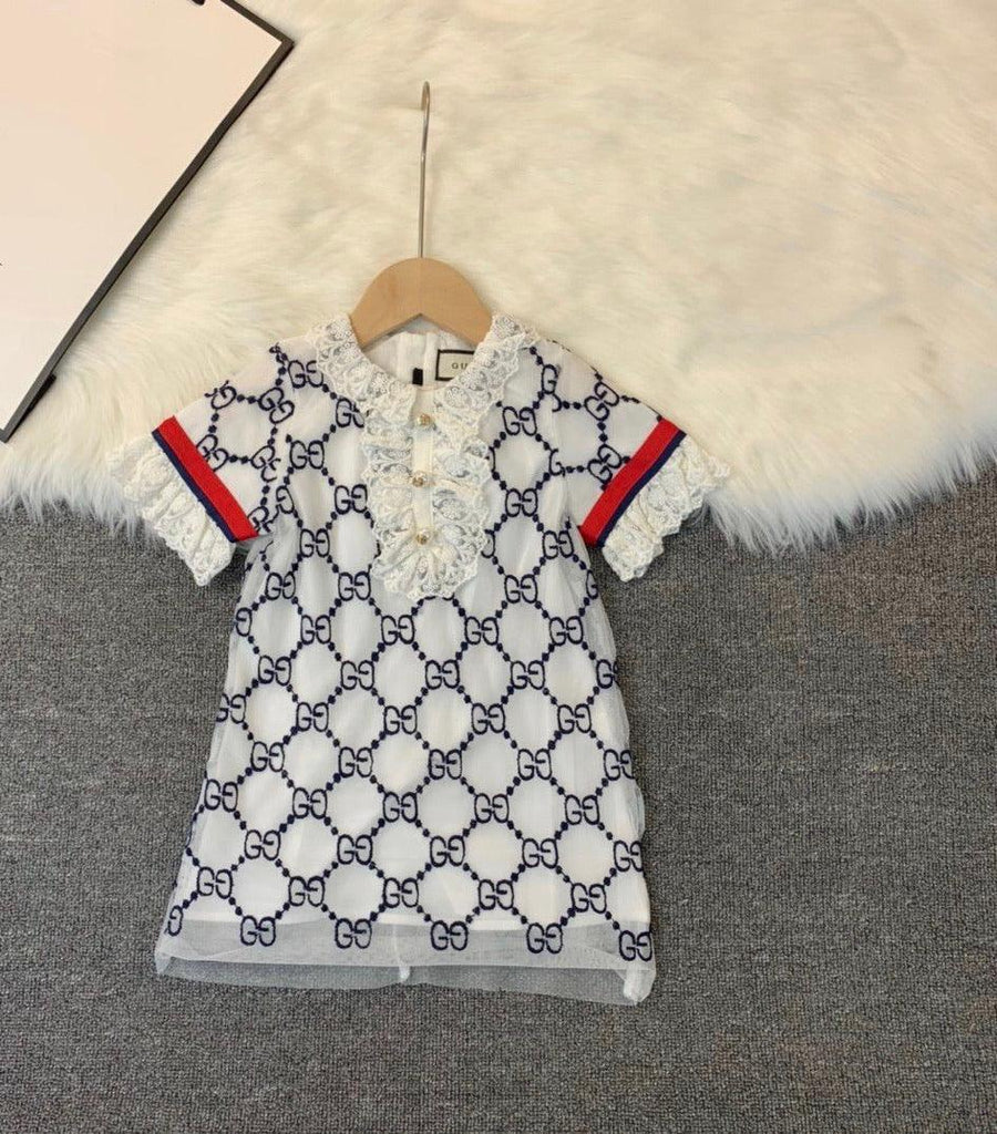 Vestido Niña GUCCI GG Bordado Encaje &amp; Cuello Perlas